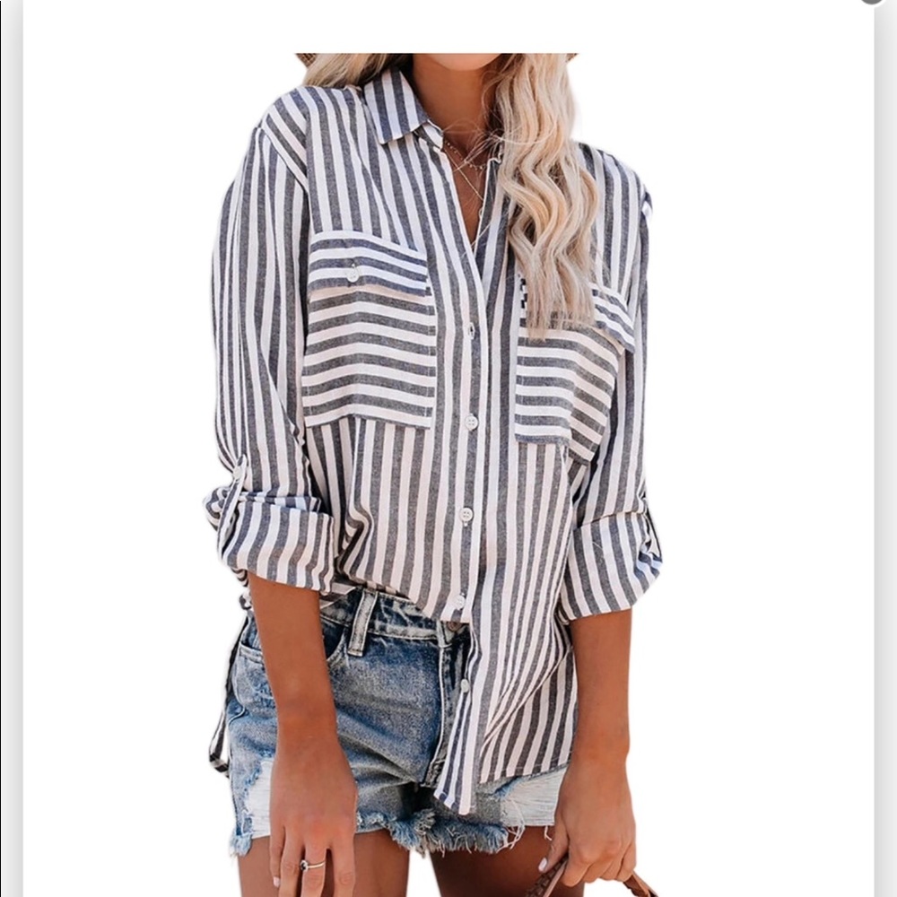 Striped Oversized Outer Shirt w Pockets - Picture 6 of 7
